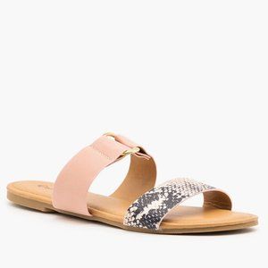 Qupid Women Spring Two-Toned Animal Print Slip-On Sandals - Beige/Blush Snake